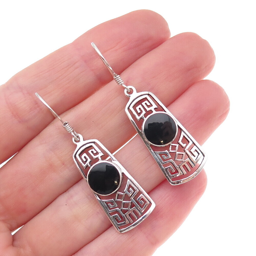 Boma 925 Sterling Silver Vintage Real Black Onyx Oxidized Dangle Earrings